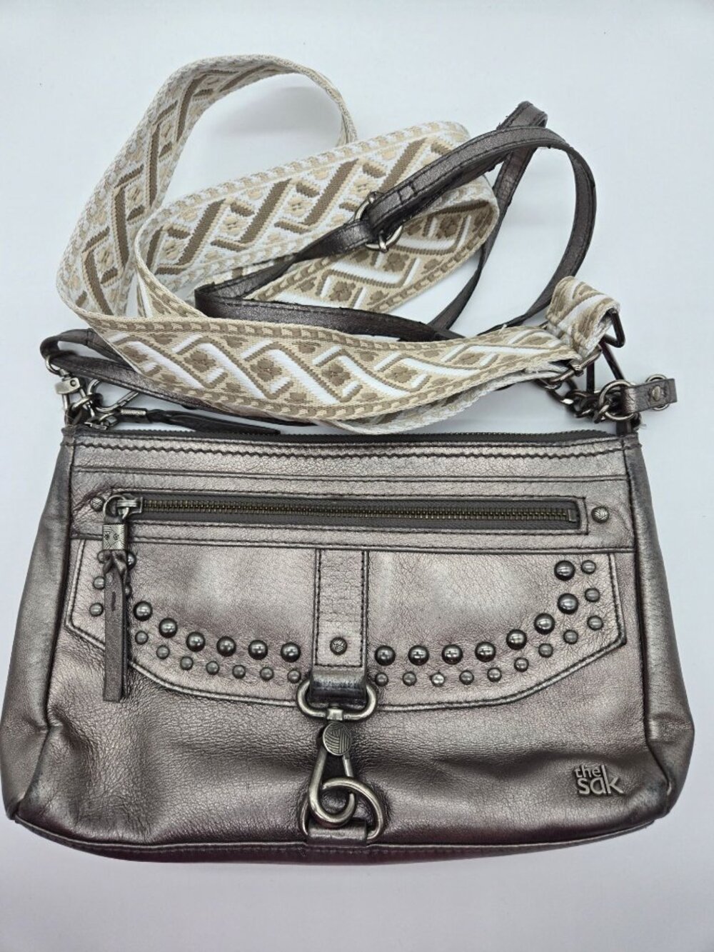 The Sak Ventura Metallic Gunmetal Leather Studded Clip Crossbody Bag EUC